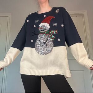Women’s Navy/White Sequined Snowman Christmas Sweater by Holiday Time Sz (16/18)